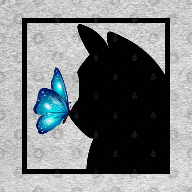 Blue Butterfly sitting on nose of Black Cat by Blue Butterfly Designs 